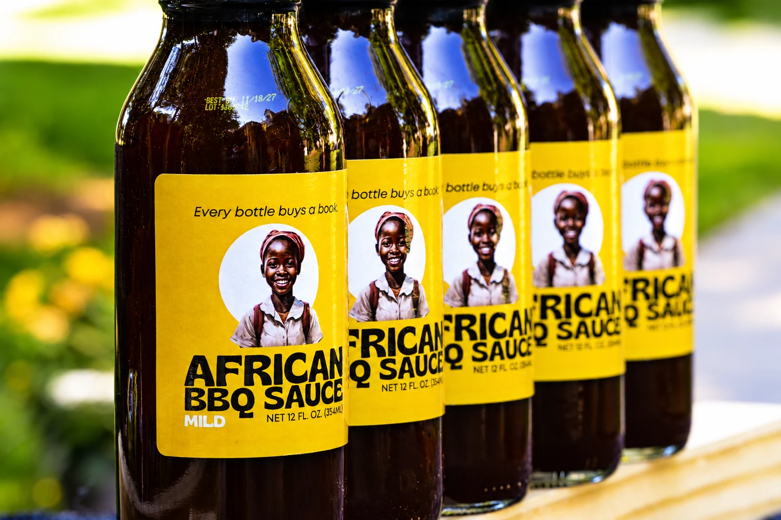 African BBQ Sauce bottles — every bottle buys a book